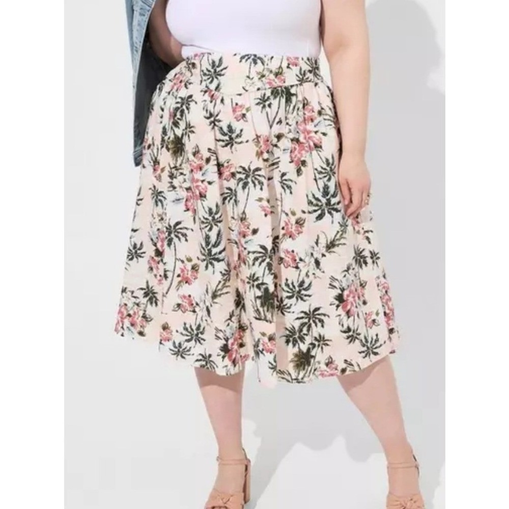 Torrid‎ Midi Poplin High Waist Skirt Tropic Palm Trees Floral Pink Plus Size 26